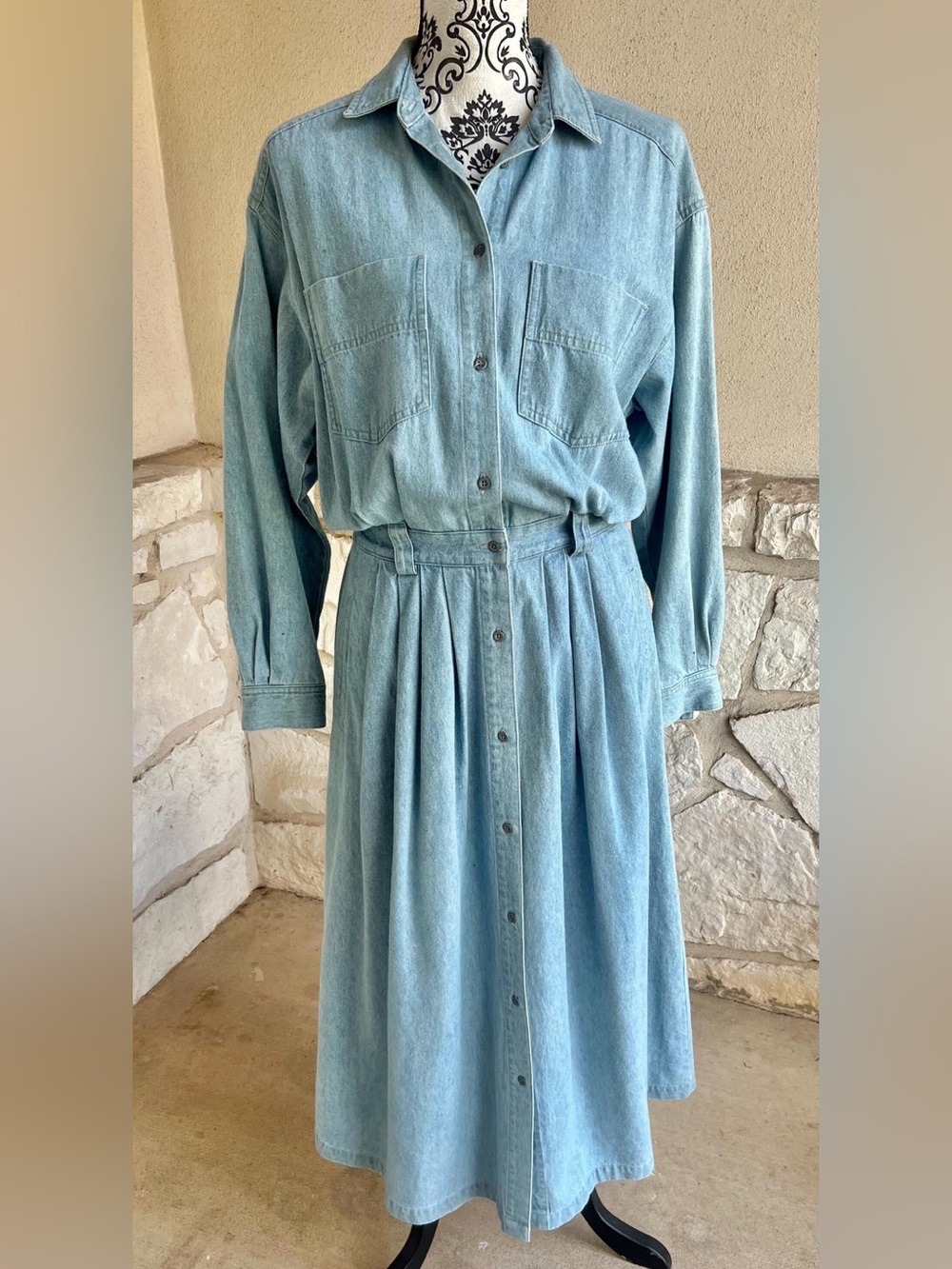 Vintage 80s 90s Eddie Bauer Light Blue Denim Maxi Shirt Dress Teacher Classic M